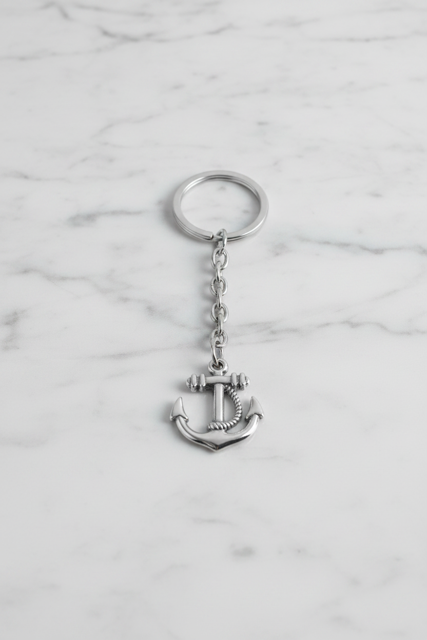 Anchor Handmade Silver Plated Charm Keychain on a white marble surface.