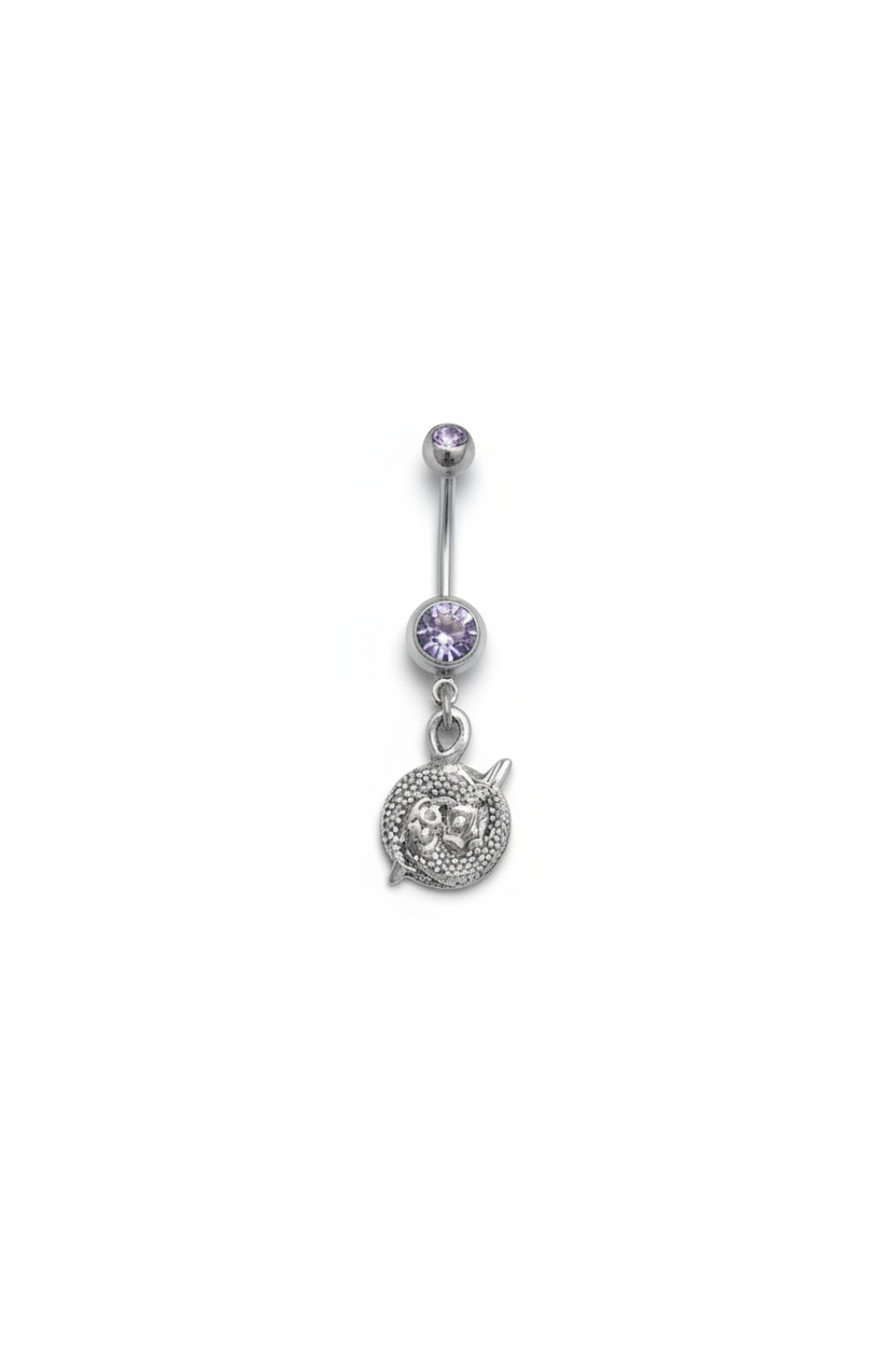 Purple Crystal Pisces Belly Button Ring in 316l stainless steel close up detail.