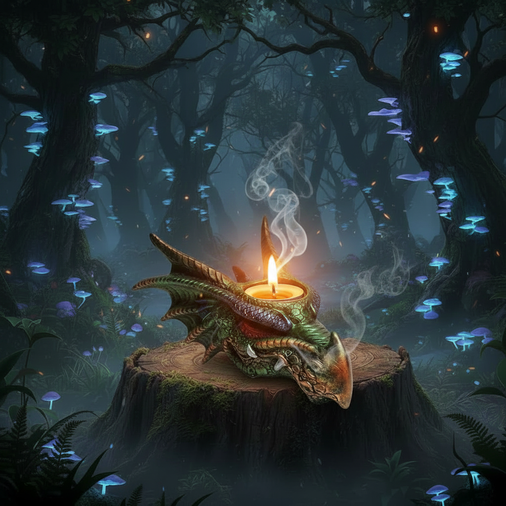 Mystical Rainbow Dragon Head Resin Tea Light Candle Holder on a stump in a mystical forest at night with smoke rising from the dragons nose and the candle lit showing a warm glow.