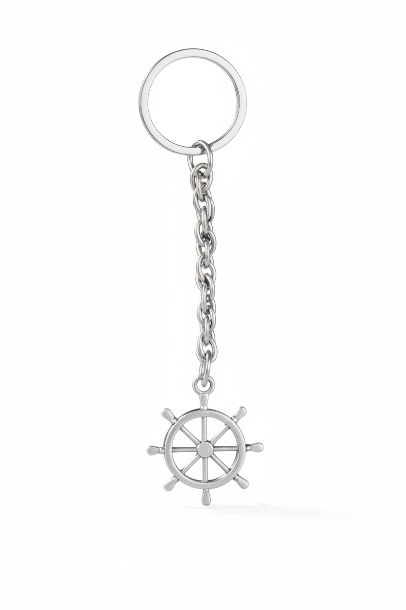 Ship Wheel Handmade Silver Plated Charm Keychain on a white background.