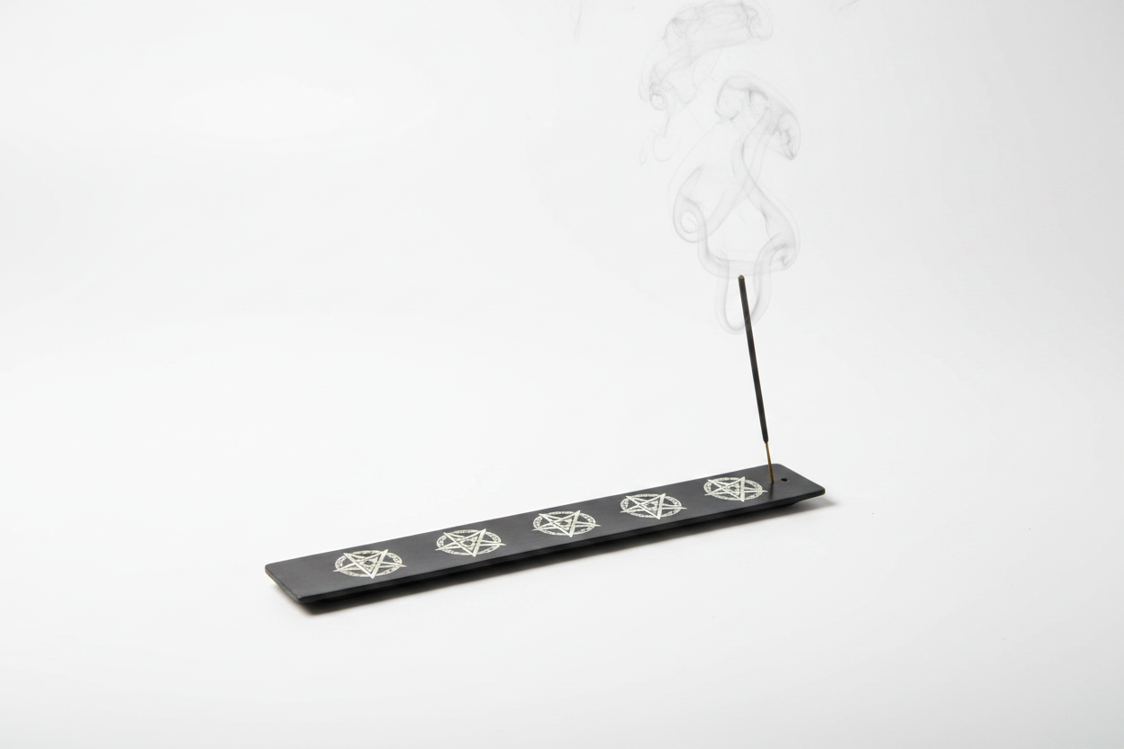 Black Pentacle Soapstone Incense Holder - Free Incense on a white background with incense burning and smoke rising.