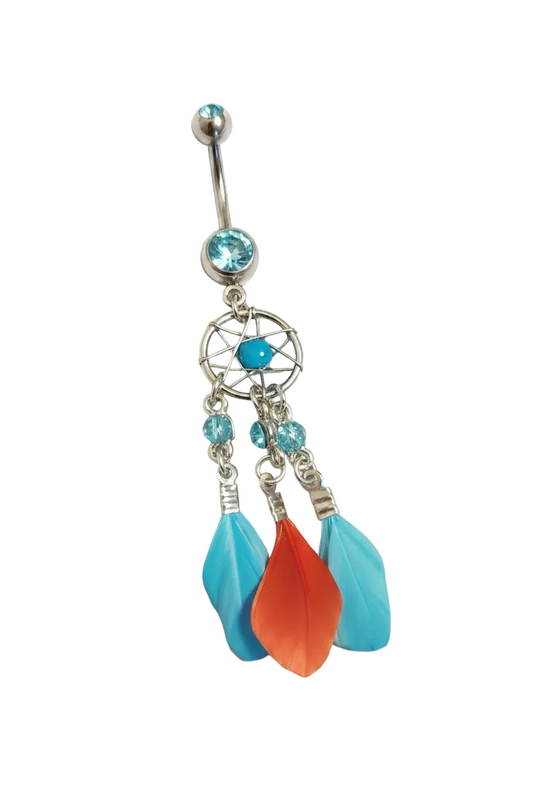 Aqua Crystal Feather Dream Catcher Belly Button Ring in 316l stainless steel close up detail.