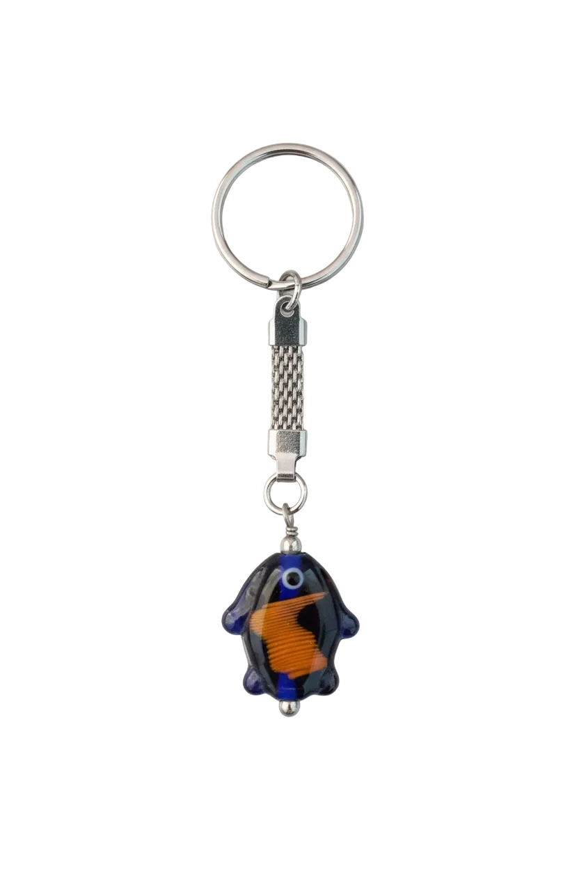 Blue Glass Fish Steel Plated Handmade Keychain on a white background.