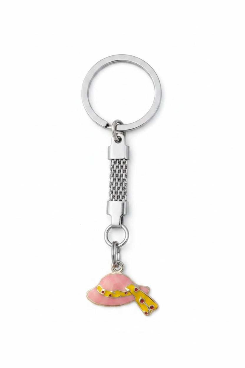 Pink Enamel Hat Handmade Silver Plated Charm Keychain on a white background.