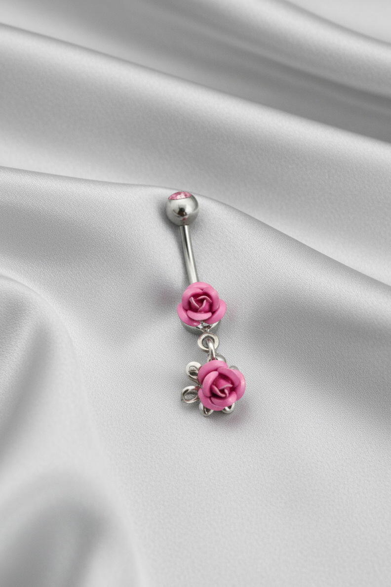 Double Pink Rose Belly Button Ring in 316l stainless steel.
