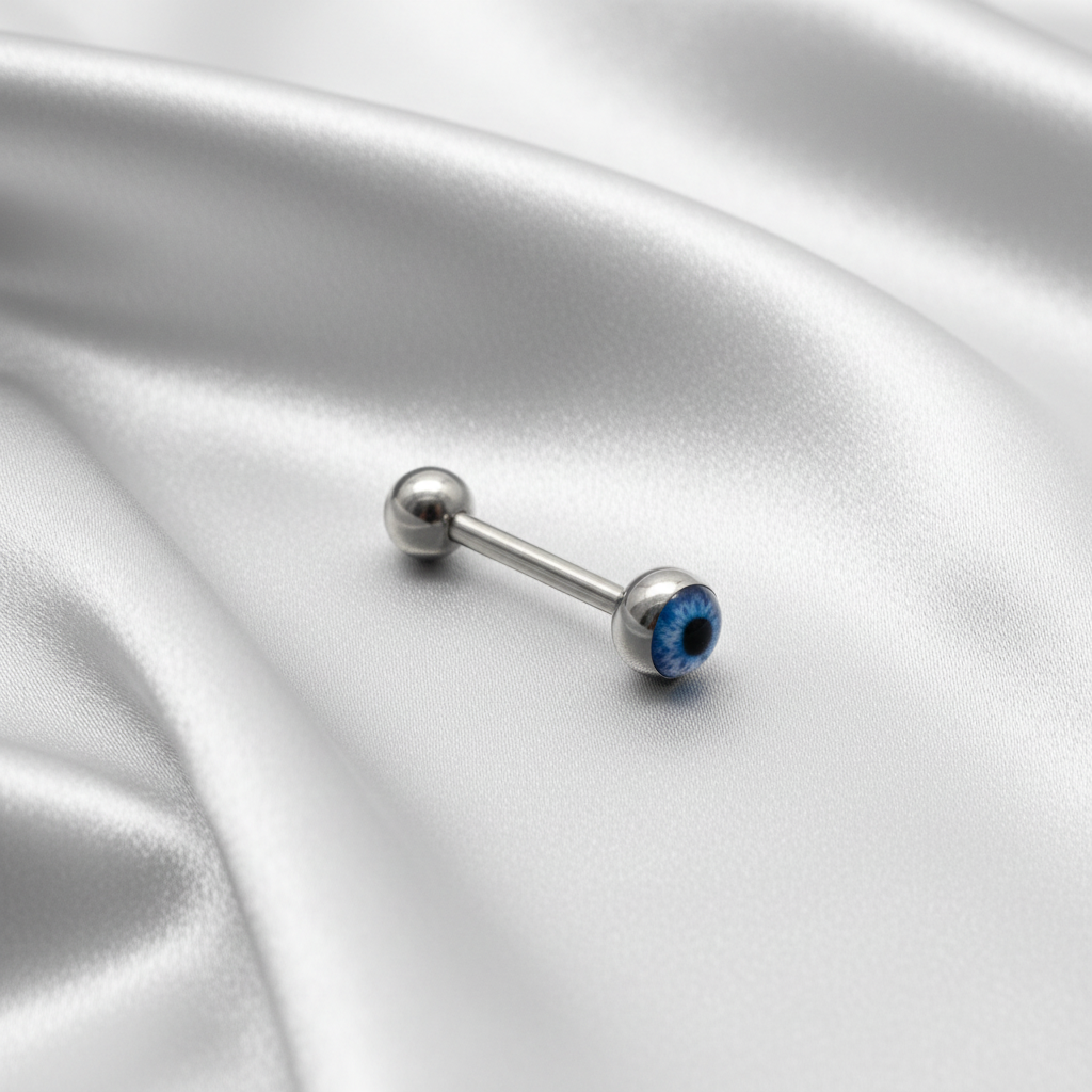 Blue Eyeball tongue barbell in 316l stainless steel