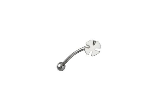 White Maltese Cross Eyebrow Ring in 316l stainless steel close up detail.
