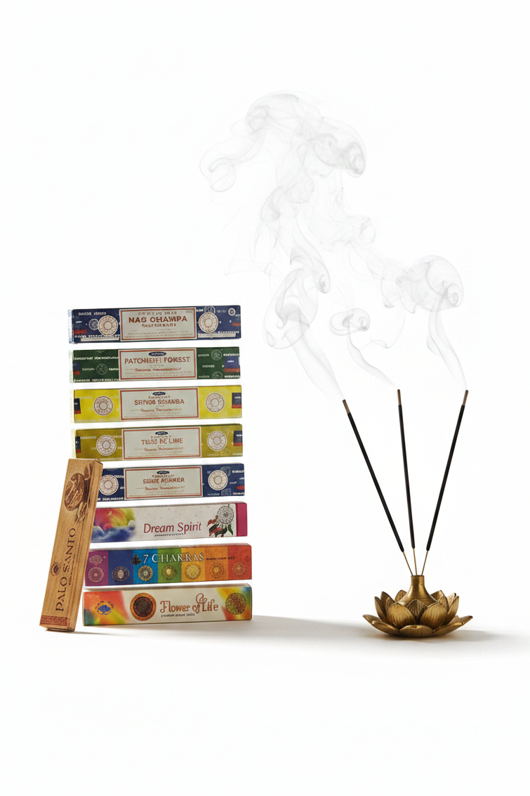 Divine Forces Incense Variety Gift Package on a white background with incense burning and smoke rising.