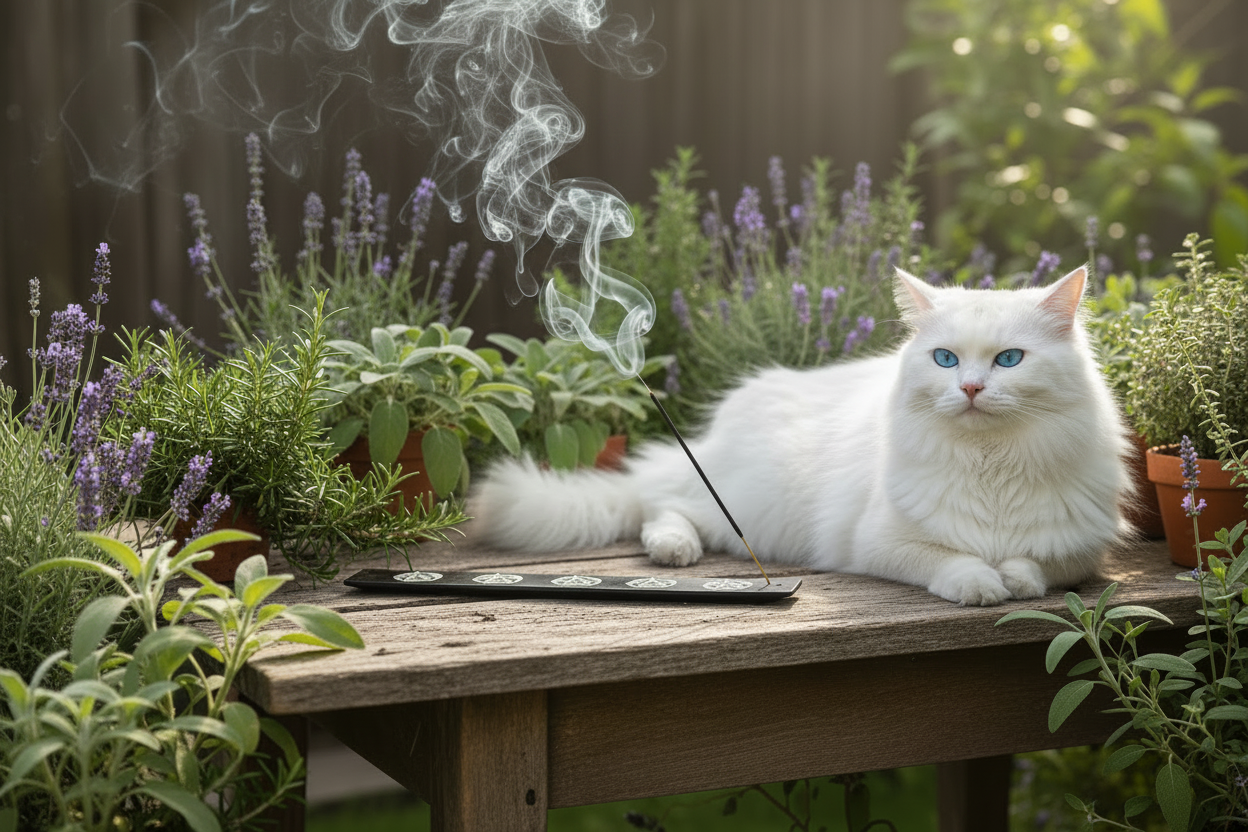 Black Pentacle Soapstone Incense Holder - Free Incense on a wooden table in an herb garden with a white cat, incense burning and smoke rising.