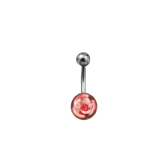 Pink Rose Acrylic belly button ring in 316l stainless steel