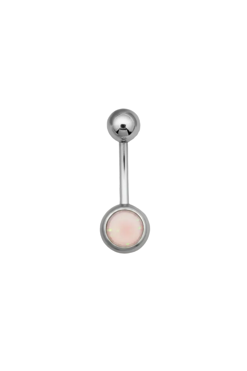 Pink Opal Belly Button Ring in 316l stainless steel on a white background.