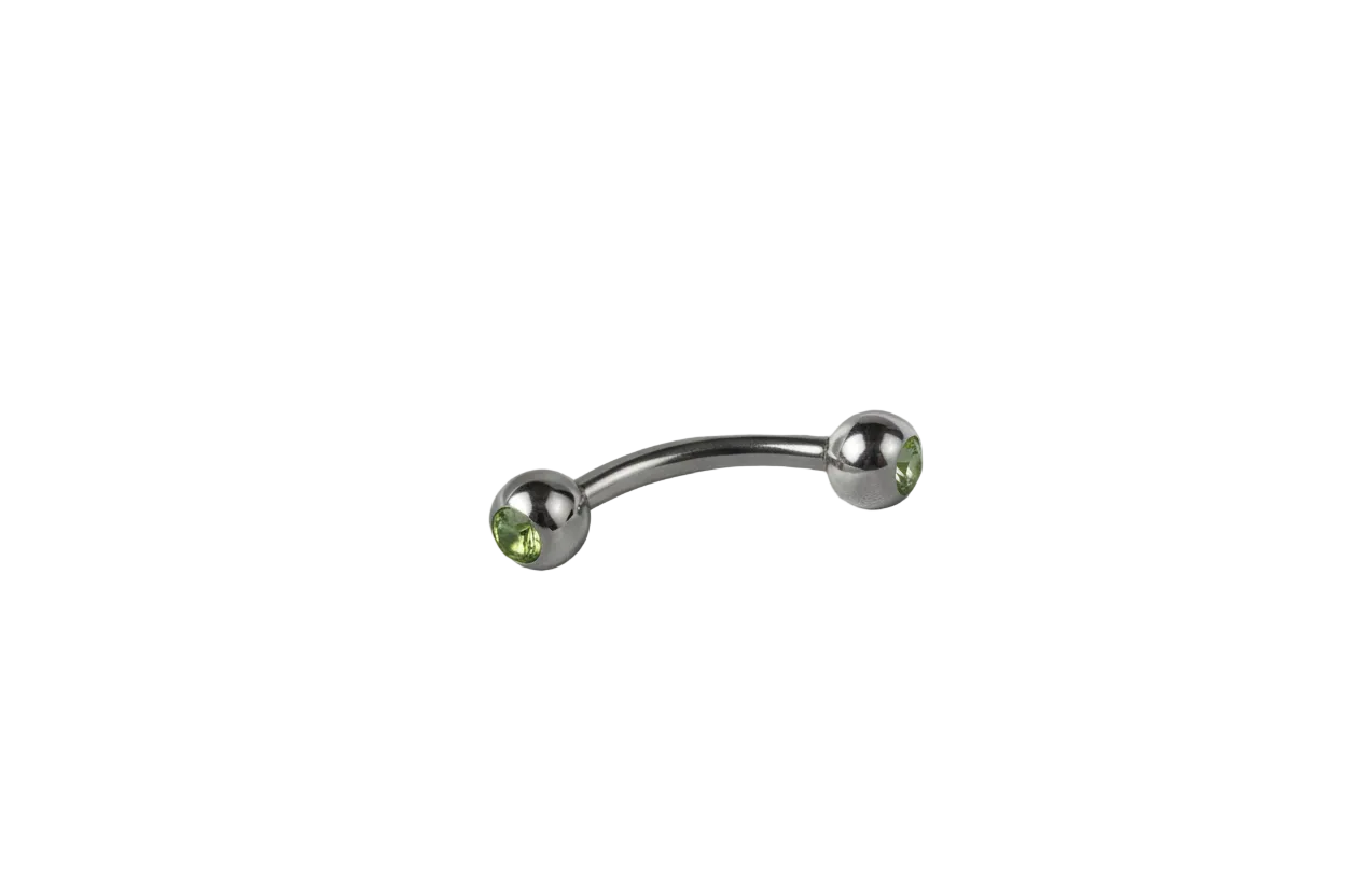 Green Crystal Eyebrow Ring in 316l stainless steel close up detail.