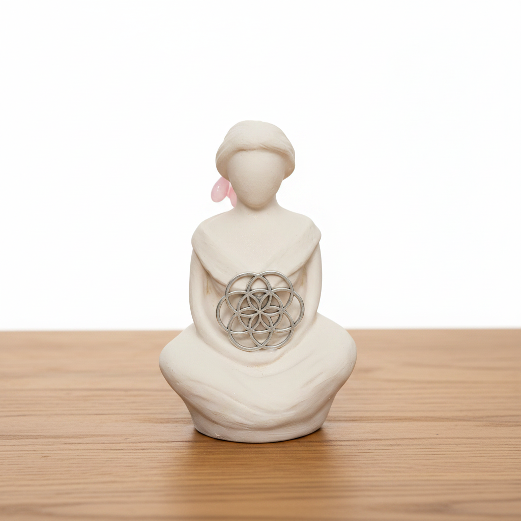 Ancient Goddess of the Sacred Flower Terra Cotta Mini Figurine - Altar & Sacred Space on a wooden table with a white background.