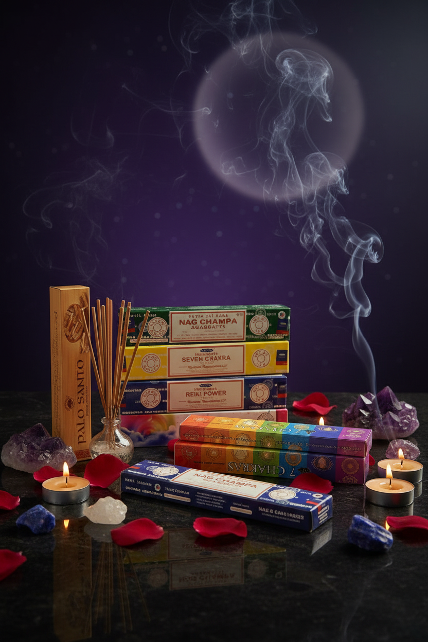 Divine Forces Incense Variety Gift Package burning in a mystic setting with smoke rising.