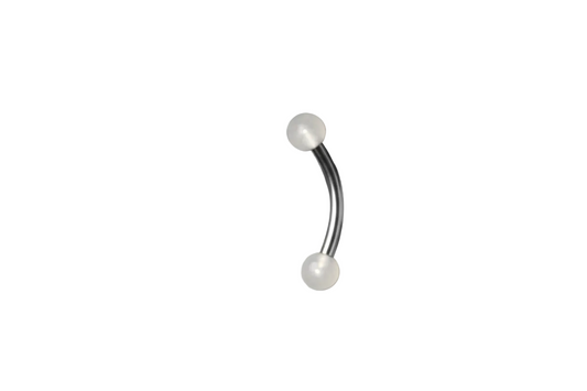 White Glow Ball Acrylic Eyebrow Ring in 316l stainless steel close up detail.