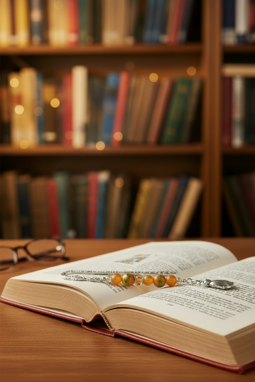 Sitting Cat Handmade Beaded Silver Plated Bookmark - One of a Kind shown with books in a library setting.