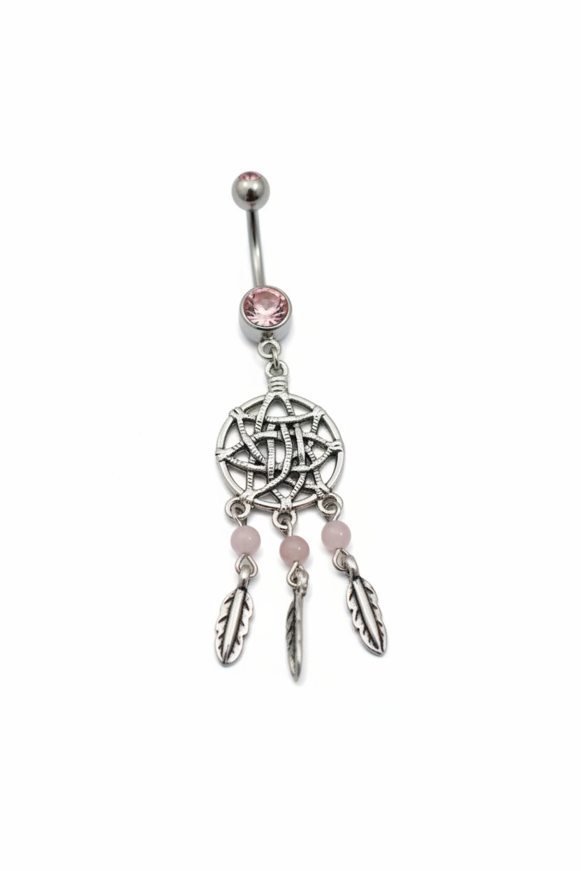 Pink Crystal Dream Catcher Belly Button Ring in 316l stainless steel angled right.