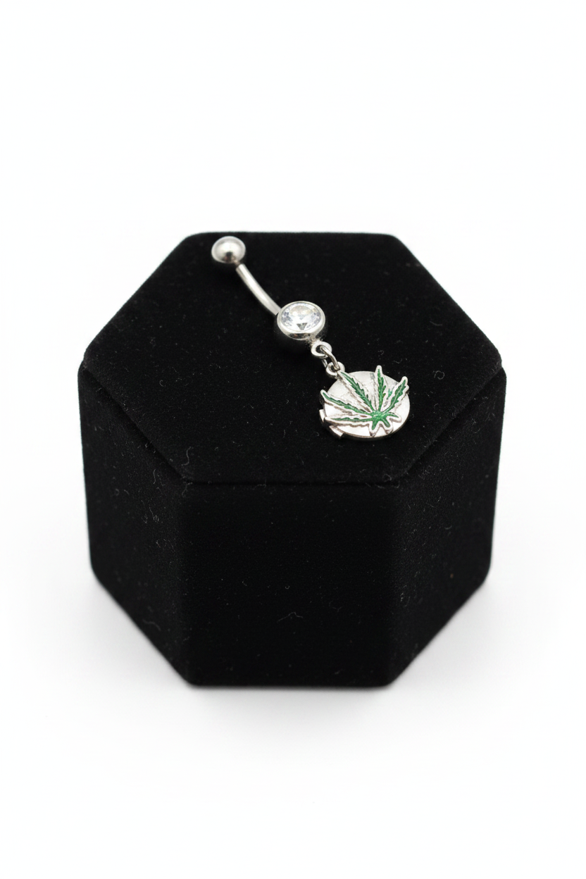 Clear Crystal Green Leaf Locket Belly Button Ring in 316l stainless steel on a black velvet jewelry display.