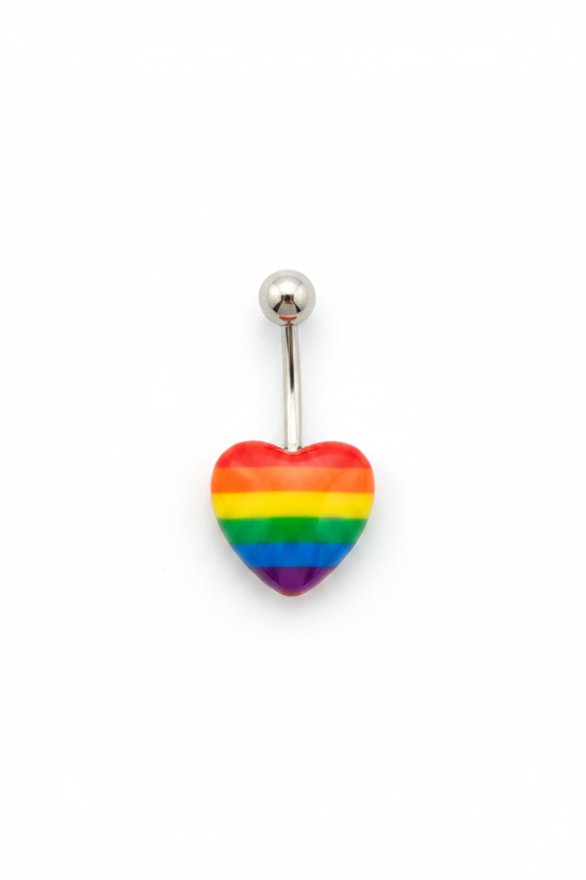 Rainbow Heart Acrylic Belly Button Ring in 316l stainless steel on a white background.