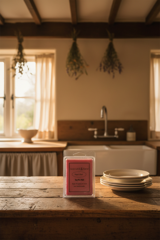 Dragon's Blood Organic Soy Scented Wax Melt on a wooden table in a country cottage kitchen.