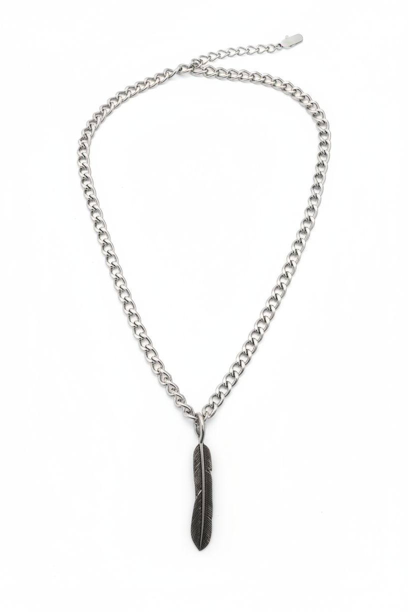 Feather Steel Chain Necklace in 316l stainless steel.