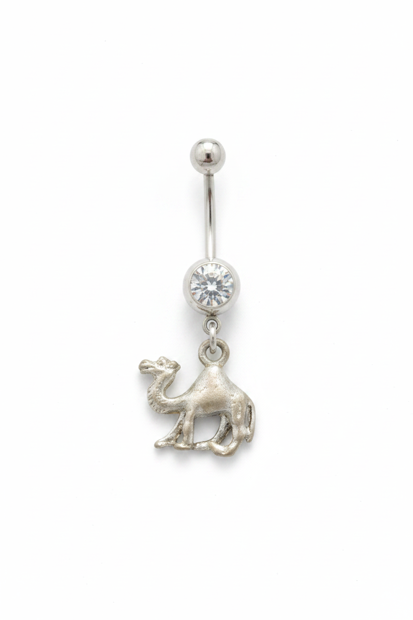 Clear Crystal Desert Camel Belly Button Ring in 316l stainless steel close up detail.