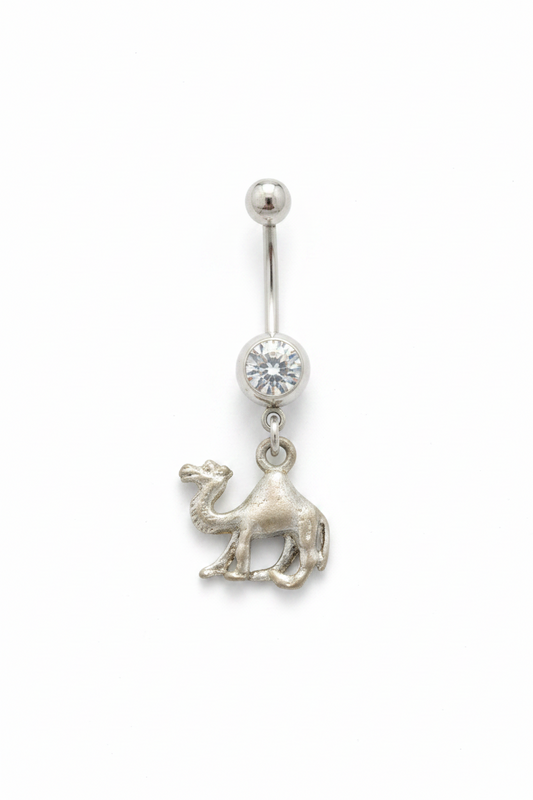 Clear Crystal Desert Camel Belly Button Ring in 316l stainless steel close up detail.