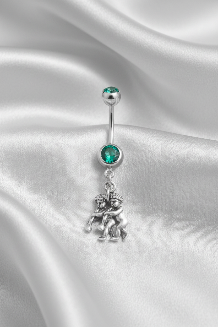Green Crystal Gemini Belly Button Ring in 316l Stainless Steel.
