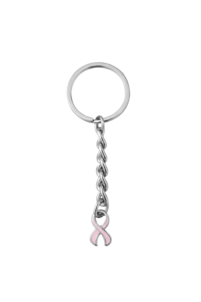 Pink Enamel Ribbon Handmade Silver Plated Charm Keychain on a white background.
