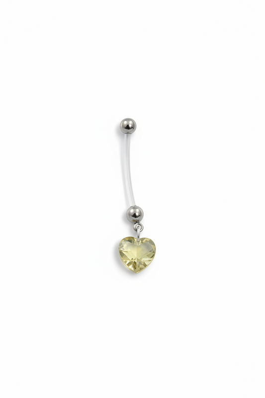 Green Crystal Heart Acrylic Pregnancy Belly Button Ring in 316l stainless steel vertical angle.