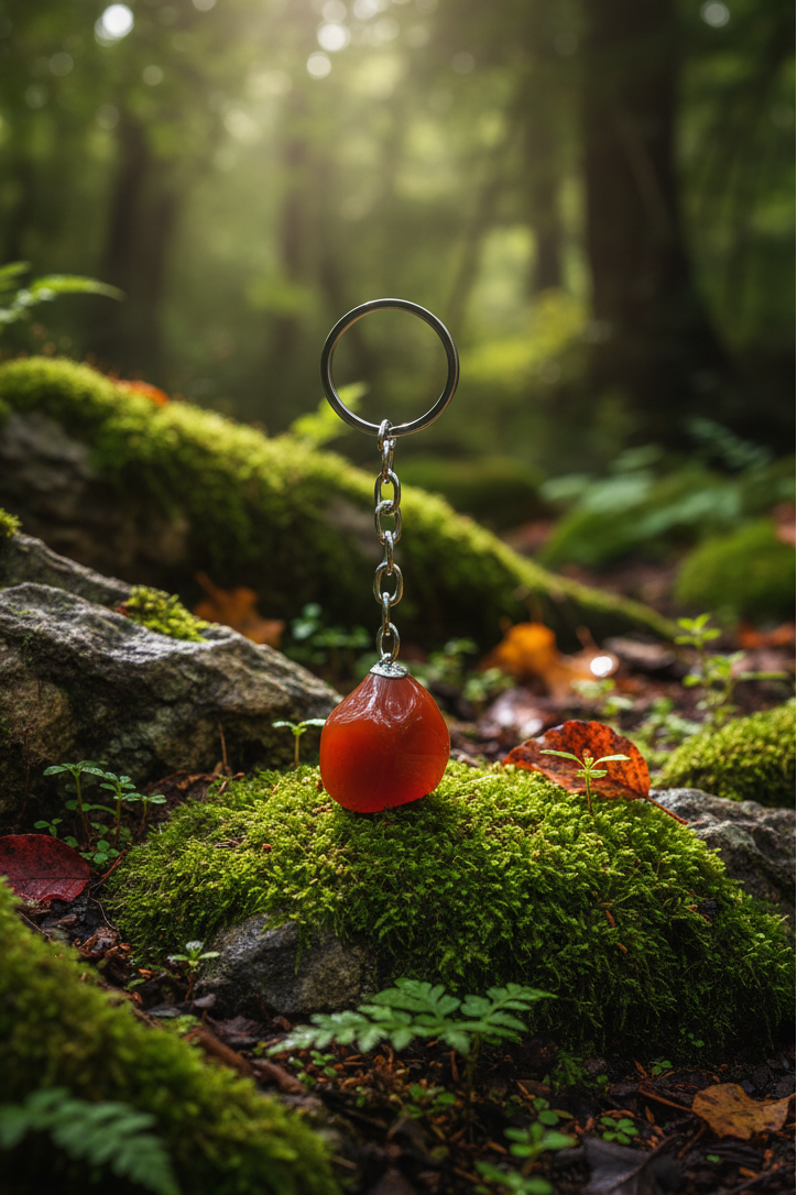 Bloodstone Natural Earth Stone Handmade Steel Plated Keychain placed on a mossy stone in a natural earth setting surrounded by forest, colorful leaves and green foliage.