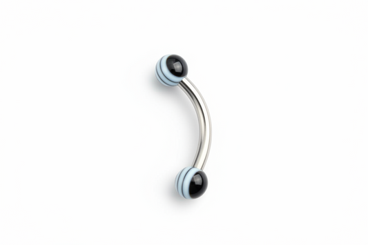 Black Pin Striped Acrylic Eyebrow Ring in 316l stainless steel close up detail.