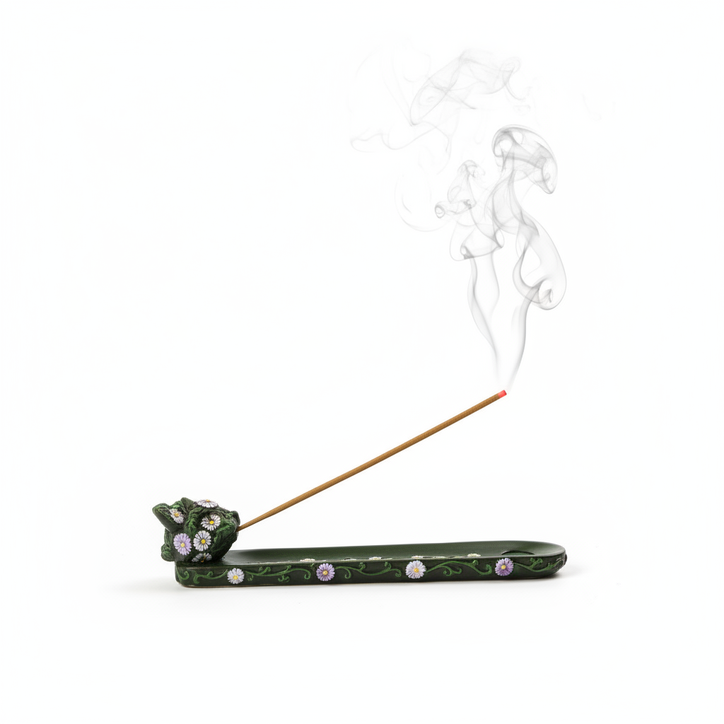 Floral Black Cat Resin Incense Holder - Free Incense on a white background with incense burning and smoke rising.