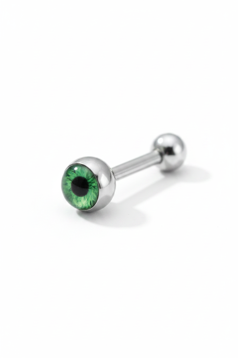 Green Eyeball tongue barbell in 316l stainless steel