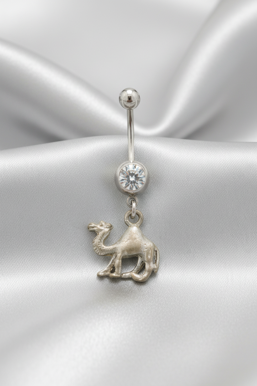 Clear Crystal Desert Camel Belly Button Ring in 316l stainless steel.