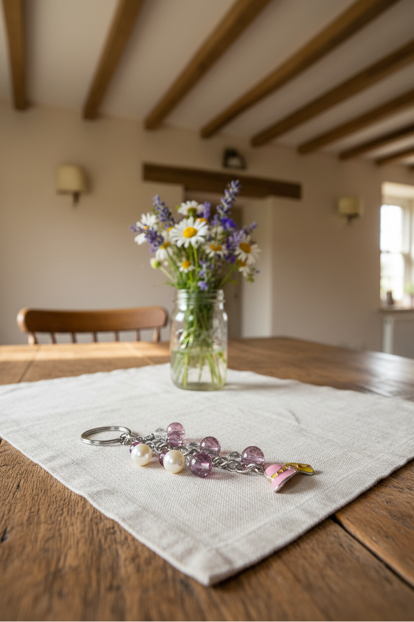 Little Pink Enamel Hat Handmade Beaded Keychain on a table in a country cottage with a vase of wildflowers in the background.
