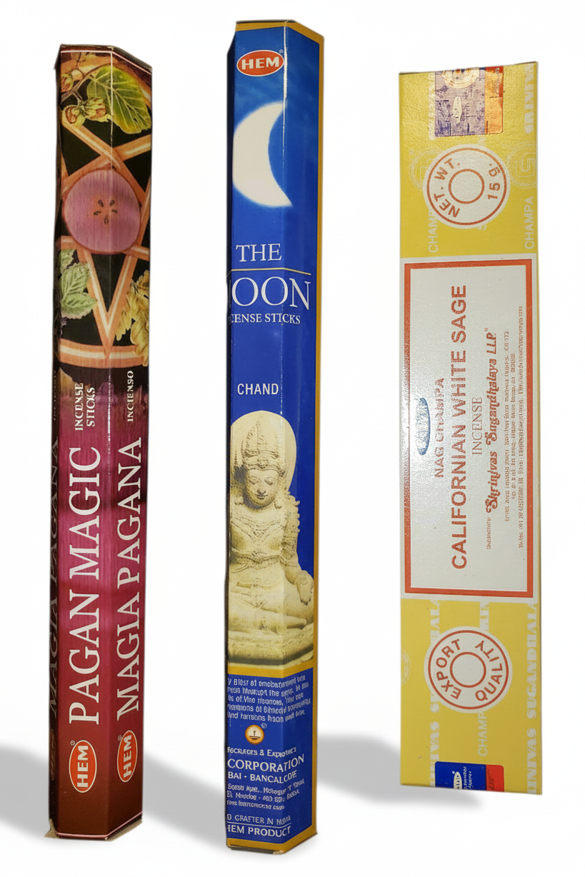 Satya California White Sage, Hem Pagan Magic and The Moon incense on a white background. Free with purchase of Witch's Black Cauldron Resin Incense Burner.