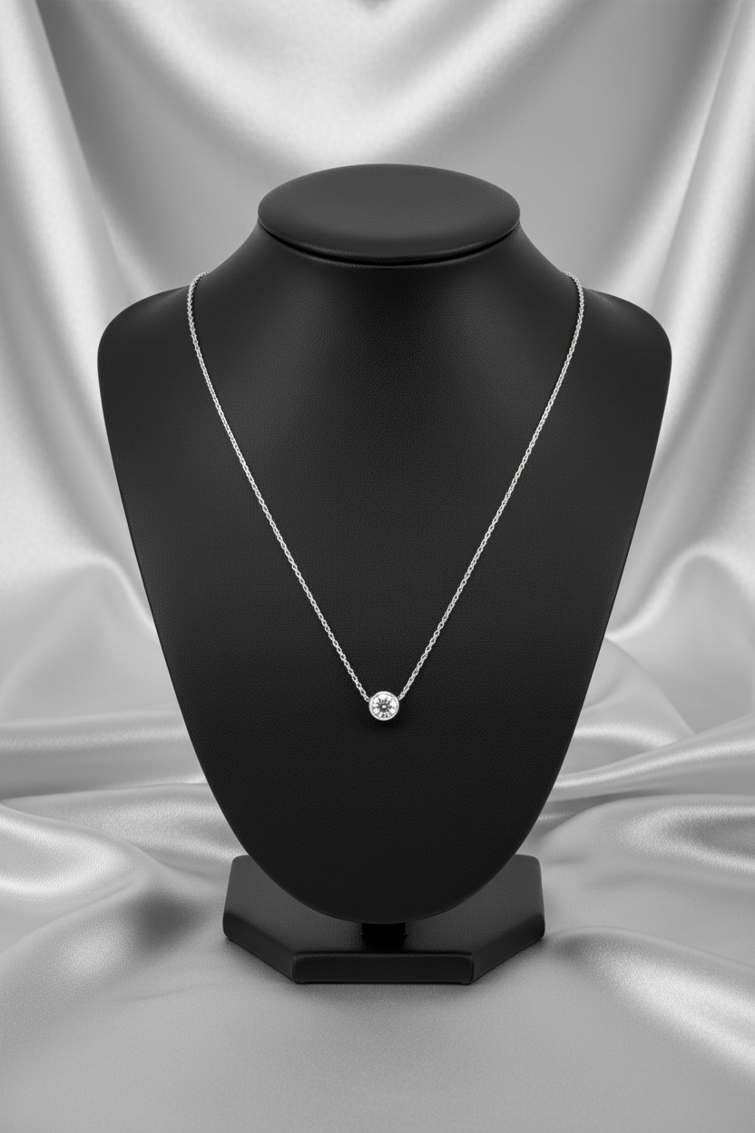 Clear Crystal Steel Chain Necklace in 316l stainless steel on a black bust.