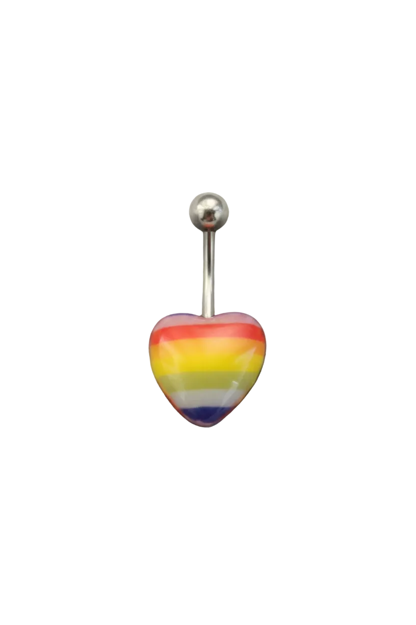 Rainbow Heart acrylic belly button ring in 316l stainless steel