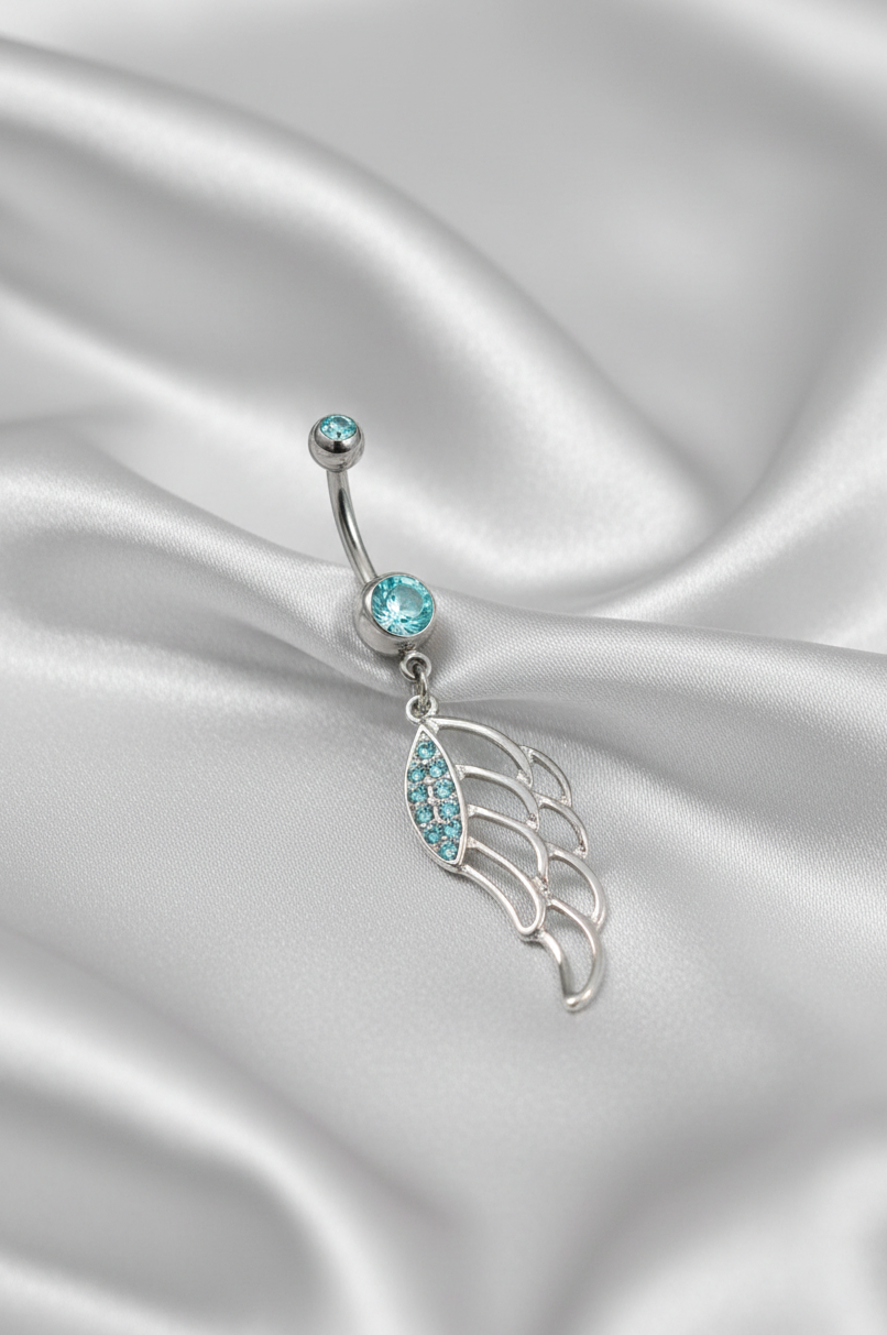 Aqua Crystal Wing Belly Button Ring in 316l stainless steel.