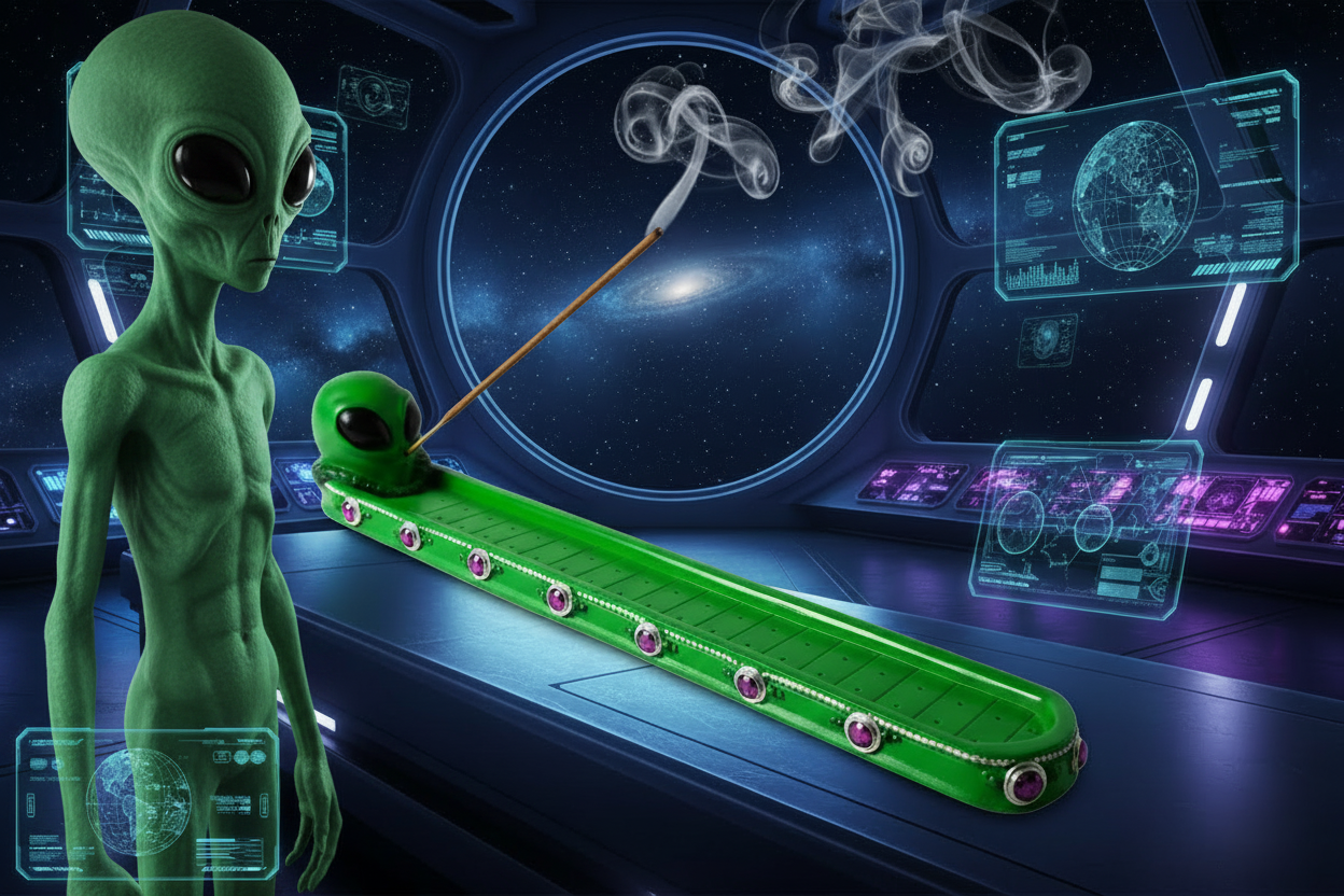 Peaceful Alien Visitor Resin Incense Holder in a cosmic setting with an alien visitor, incense burning and smoke rising.