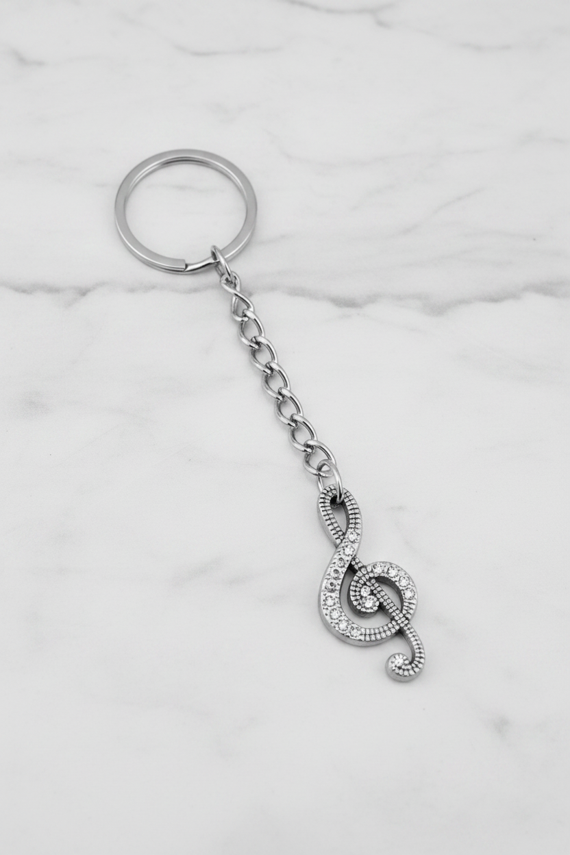 Treble Clef Handmade Silver Plated Charm Keychain on a white marble surface.