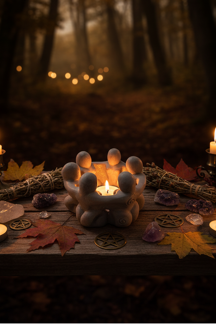 Circle of Goddesses Terra Cotta Tea Light Candle Holder in a night time outdoor forest setting on a wooden table surrounded by sage bundles, colorful leaves, geodes and metal pentagram symbols.