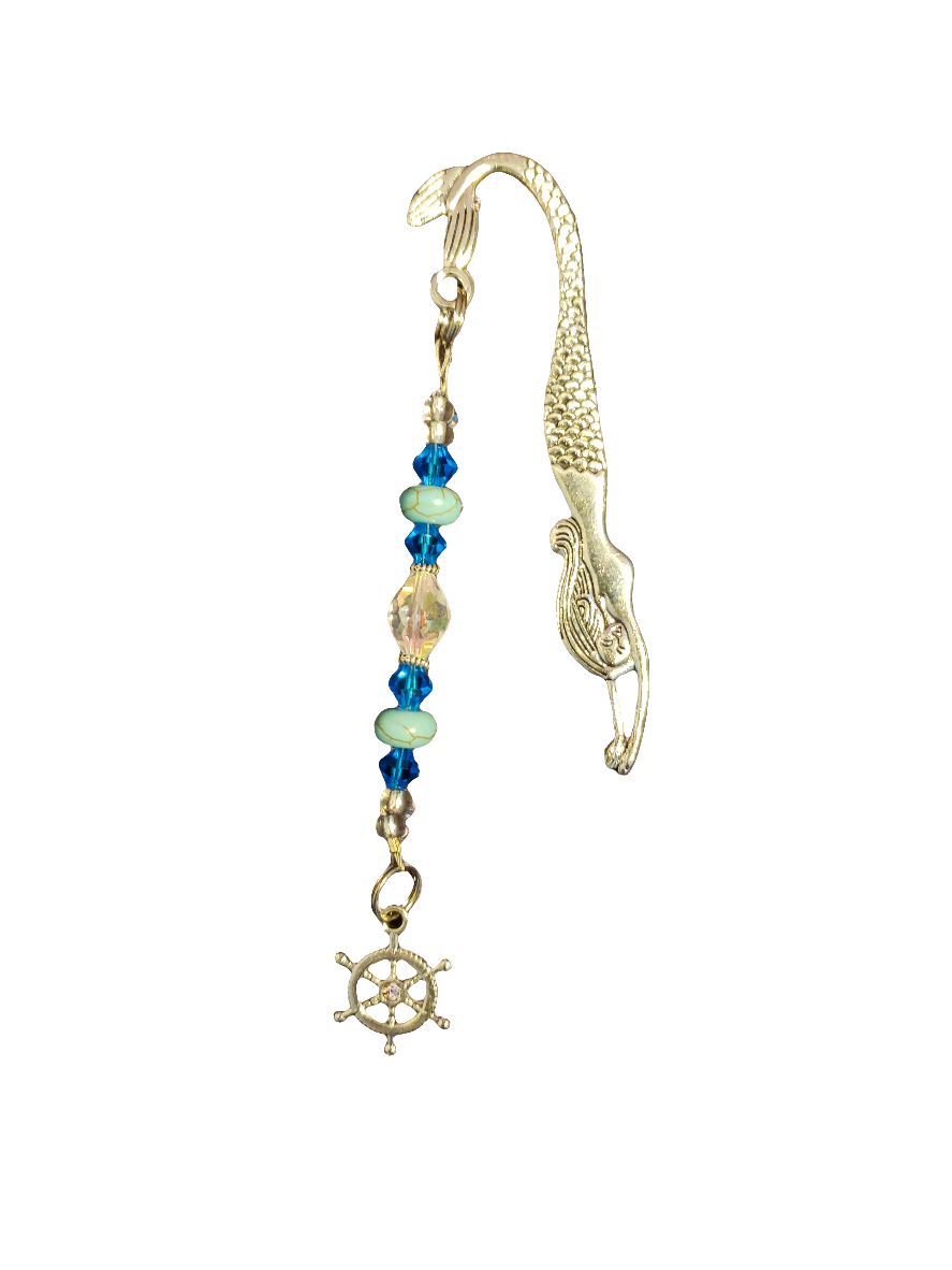 Handmade Aqua Mermaid Bookmark with Ship Wheel