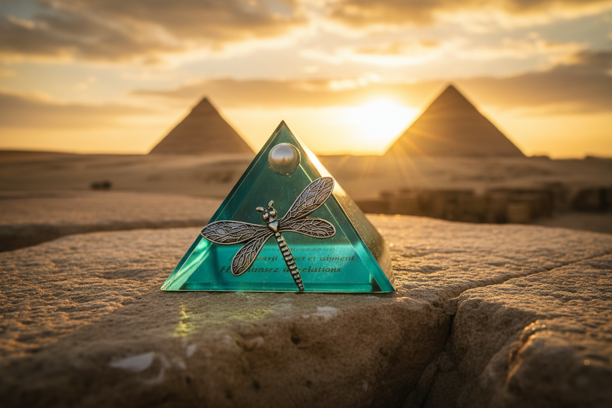 Aqua Dragonfly Mini Glass Pyramid Keepsake Box on a stone surface with Giza plateau in the background.