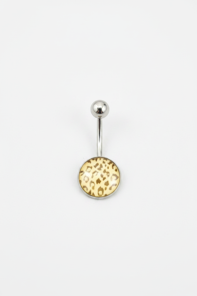 White Leopard Print belly button ring in 316l stainless steel