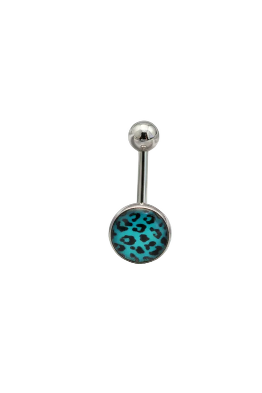 Blue Leopard Print tongue barbell in 316l stainless steel