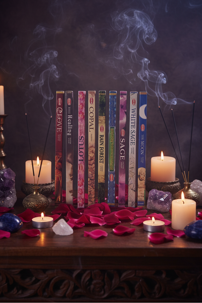 Sacred Cleansing Incense Variety Gift Package burning in a mystic setting with smoke rising.