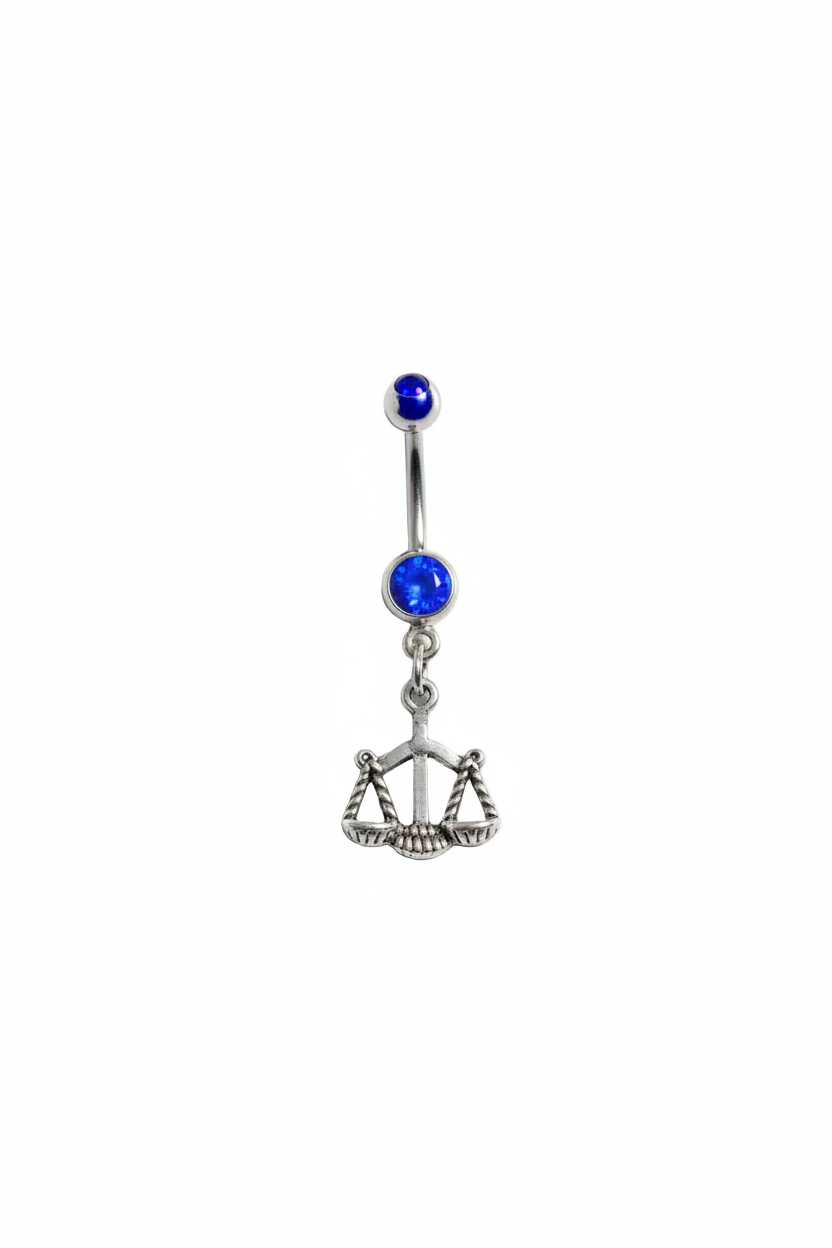 Blue Crystal Libra Belly Button Ring in 316l stainless steel close up detail.