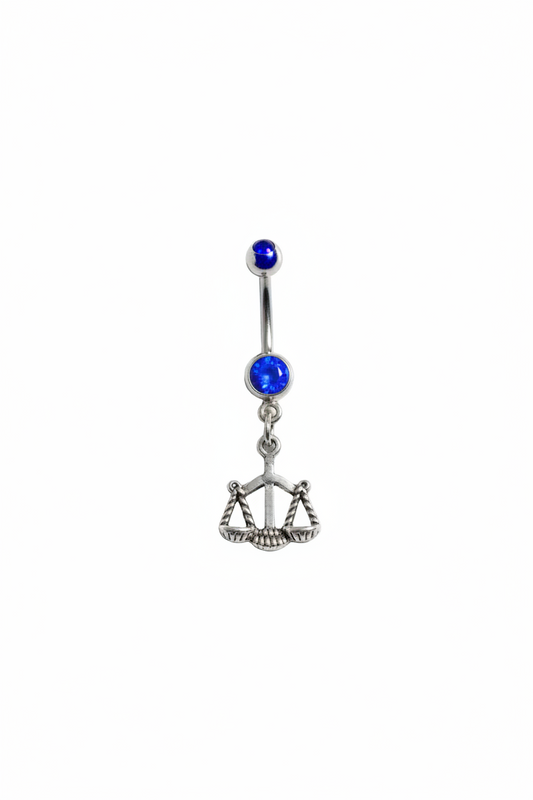 Blue Crystal Libra Belly Button Ring in 316l stainless steel close up detail.